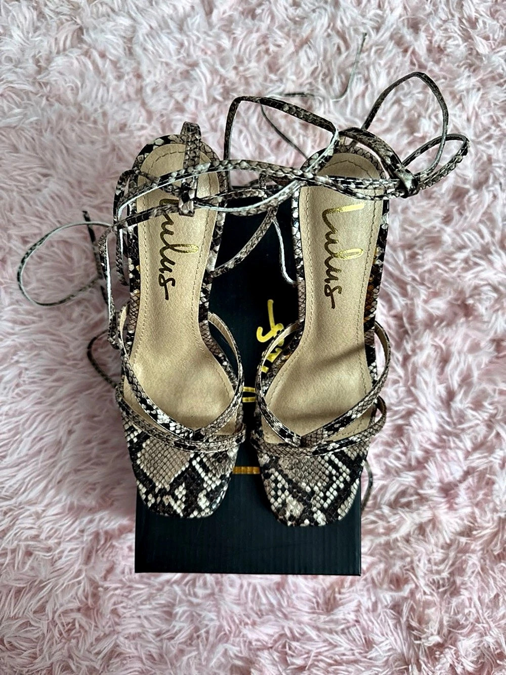 Lulus Simonee Tan Snake Lace-Up High Heel Sandals US 6.5 - Picture 2 of 3